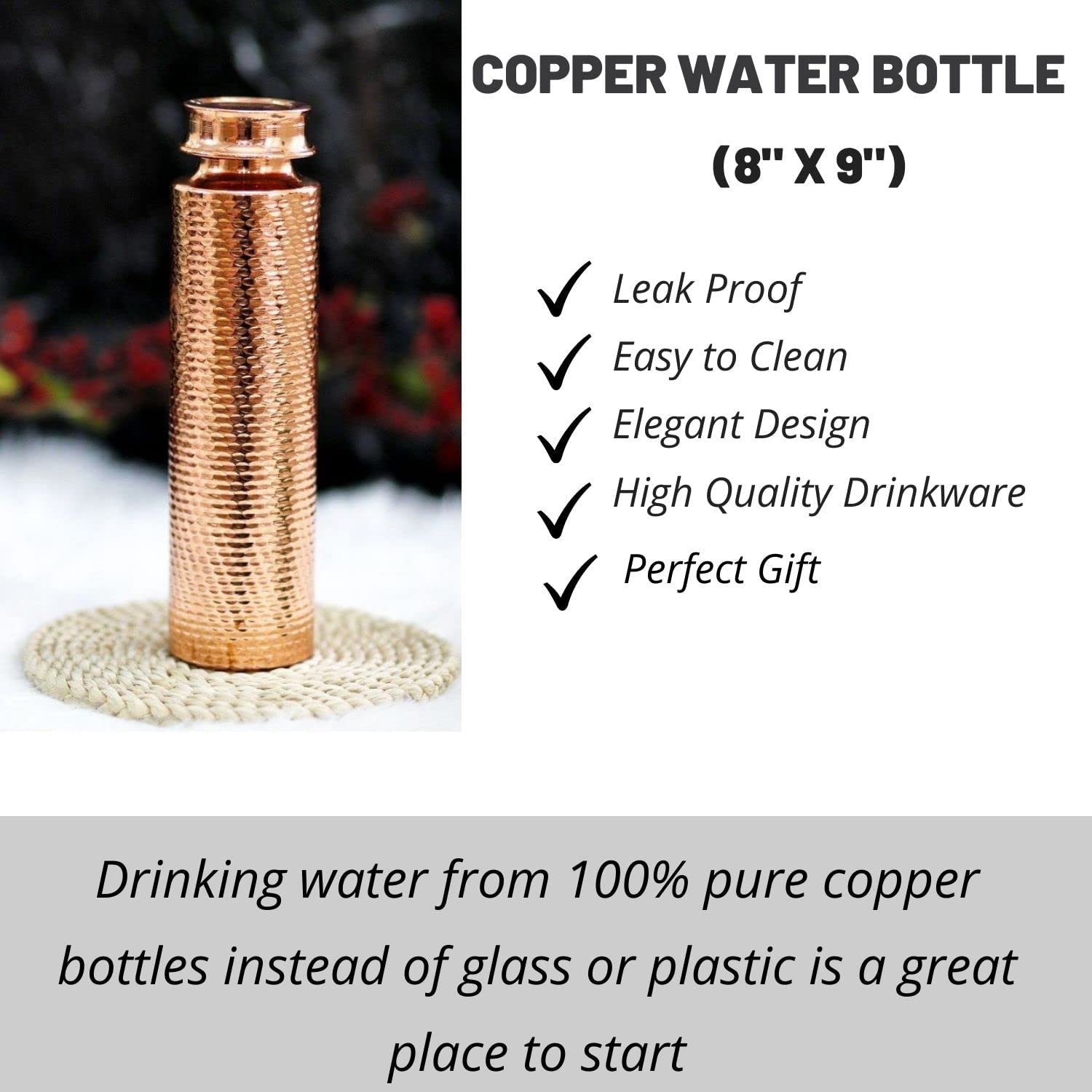 Kamojo Copper Water Bottle for Drinking - Hammered Copper Bottle with Push Button Lid, Removable Sleeve & Copper Straw - Hiking Gym Handcrafted